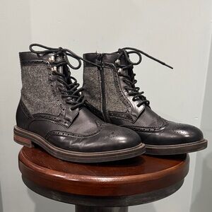 Men's Black and Gray Wingtip Lace-Up Ankle Boots with Side Zip